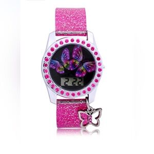 Wonder Nation Pink Glitter Butterfly LCD Watch, Silicone Strap, Hanging Charm